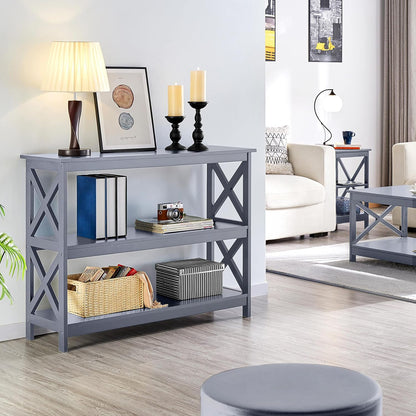 Console Table with 3 Storage Shelves, Entryway Table Sofa Side Table Narrow Long Bookshelf for Hallway Living Room, Accent Furniture, Gray