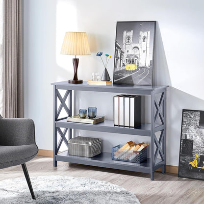 Console Table with 3 Storage Shelves, Entryway Table Sofa Side Table Narrow Long Bookshelf for Hallway Living Room, Accent Furniture, Gray